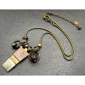 Baer SF Vintage Gold Tone Mixed Metal Charm Necklace Black Stone